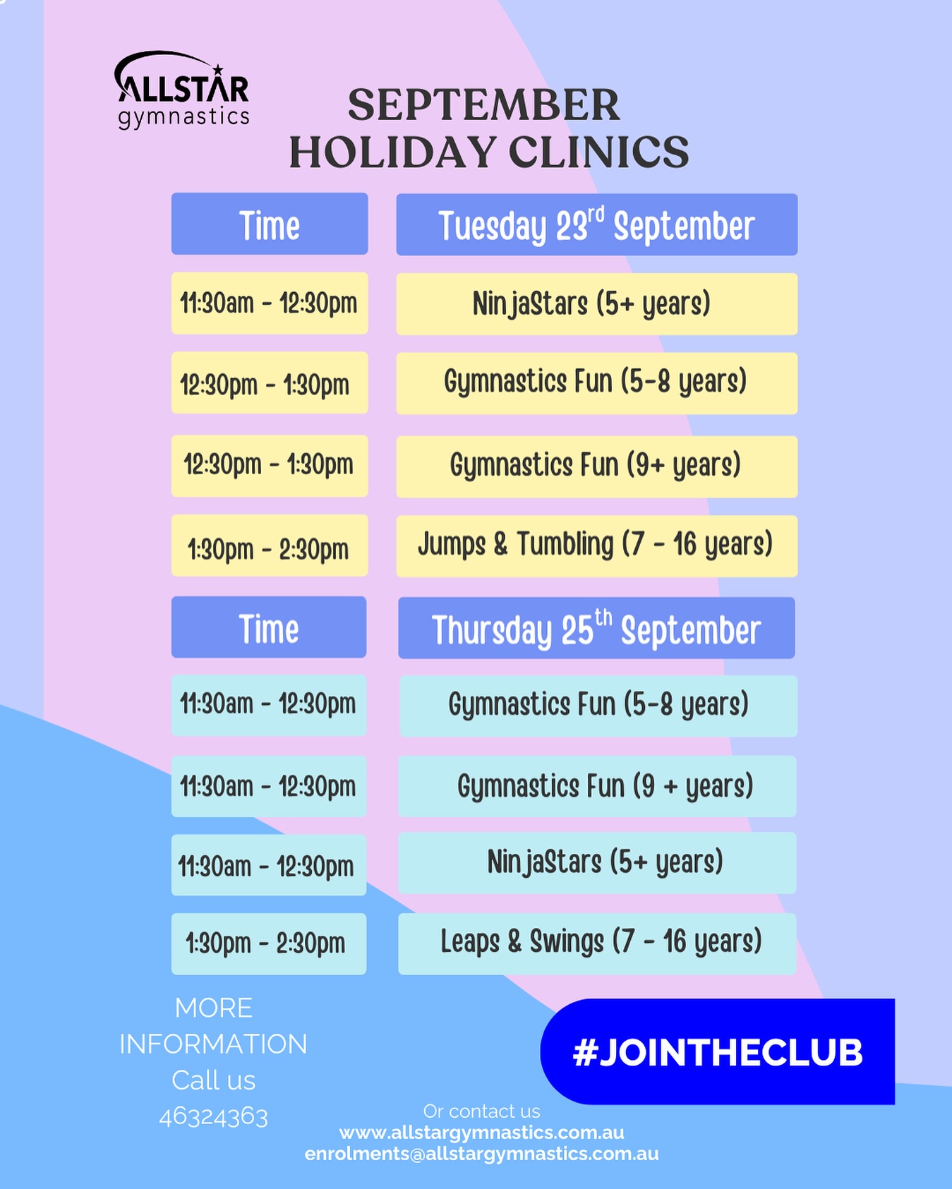 SEPTEMBER HOLIDAY CLINICS TIMETABLE! 🤸♂️🤸♂️🤸♂️🤸♂️🤸♂️
#allstargymnastics #moregym #schoolholidayprogram